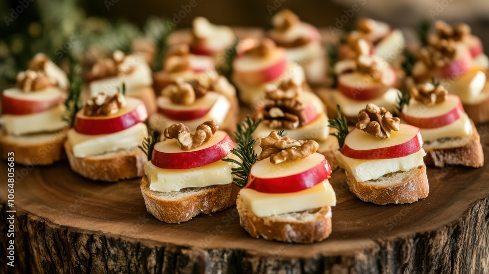 A beautifully arranged platter of crostini topped with creamy Brie A beautifully arranged platter of crostini topped with creamy Brie