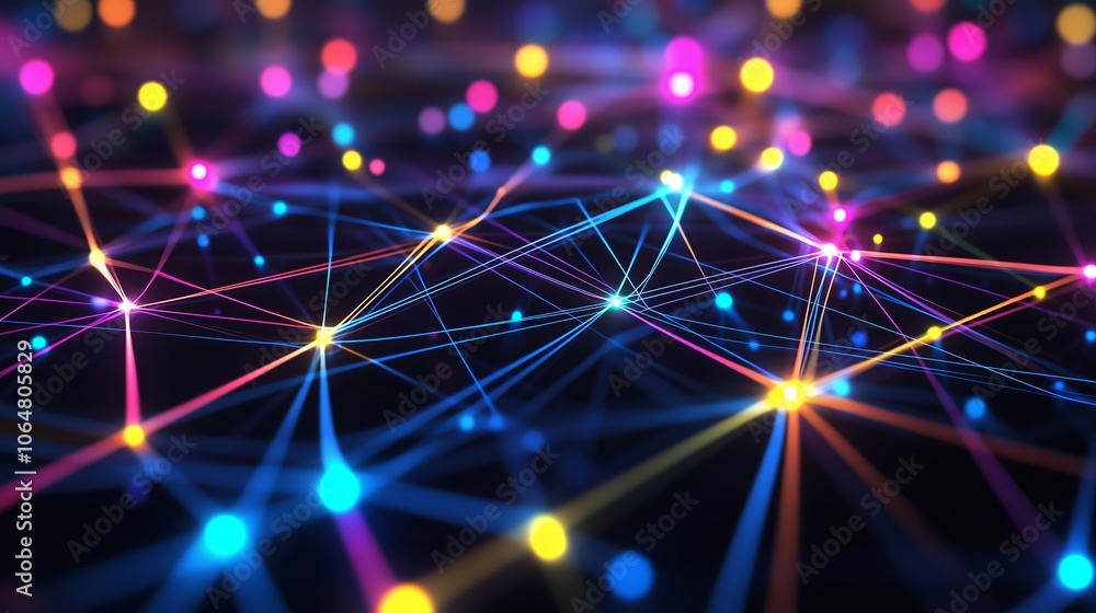 Fototapeta premium Colorful light trails and glowing dots create a dynamic visual representation of digital connections and networks at night