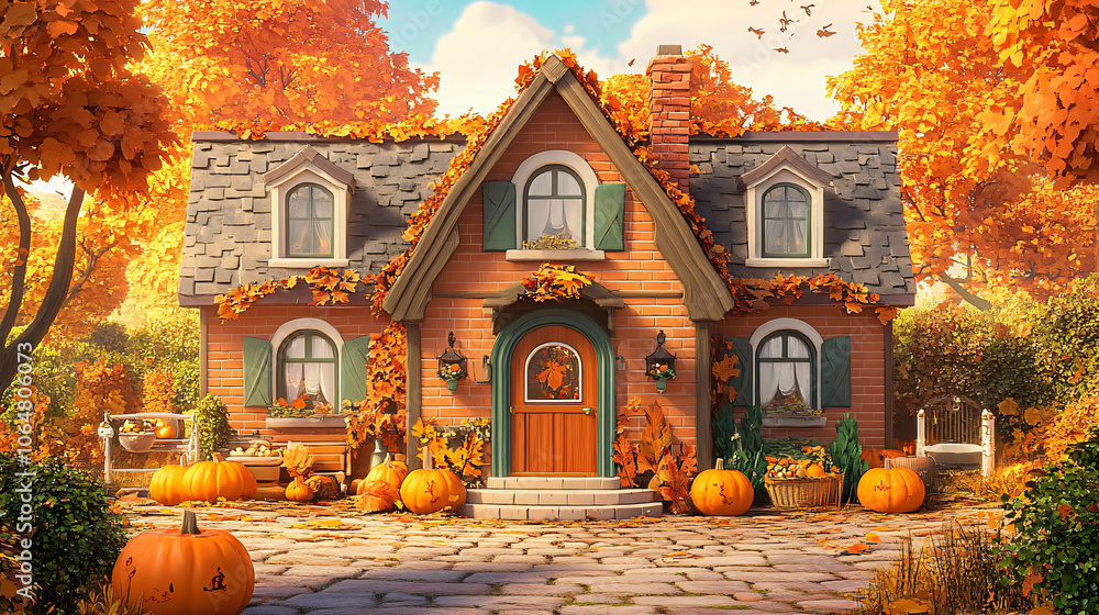 Obraz premium A cozy guesthouse in the countryside, adorned with Thanksgiving pumpkins and autumn leaves.