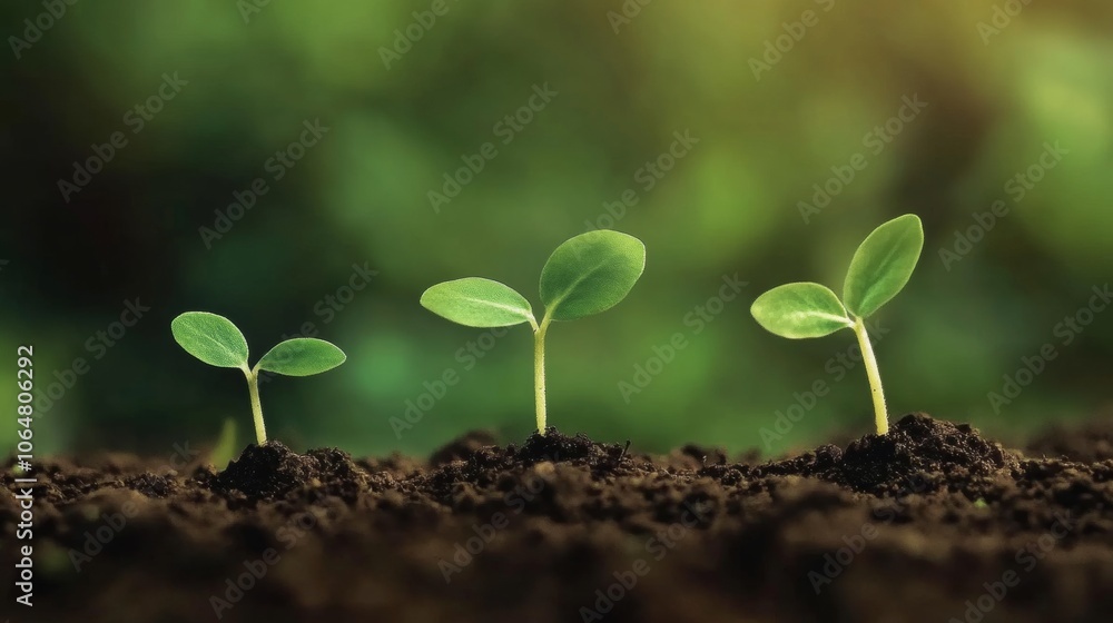 Naklejka premium Close-up View of cascading Green Seedlings Emerging from Earth, Emphasizing Natural Textures and Harmony