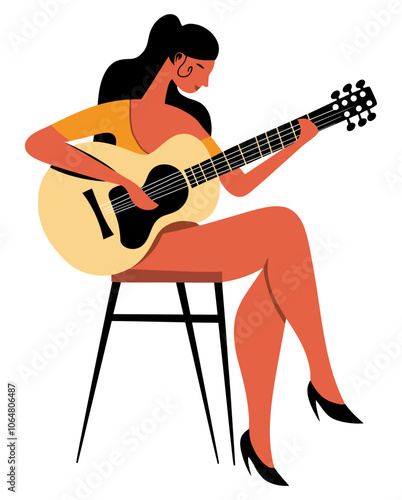 Girl Playing Guitar While Sitting on a Table, Joyful Representation of Music and Creativity in a Minimalist Style - Flat Vector Illustration