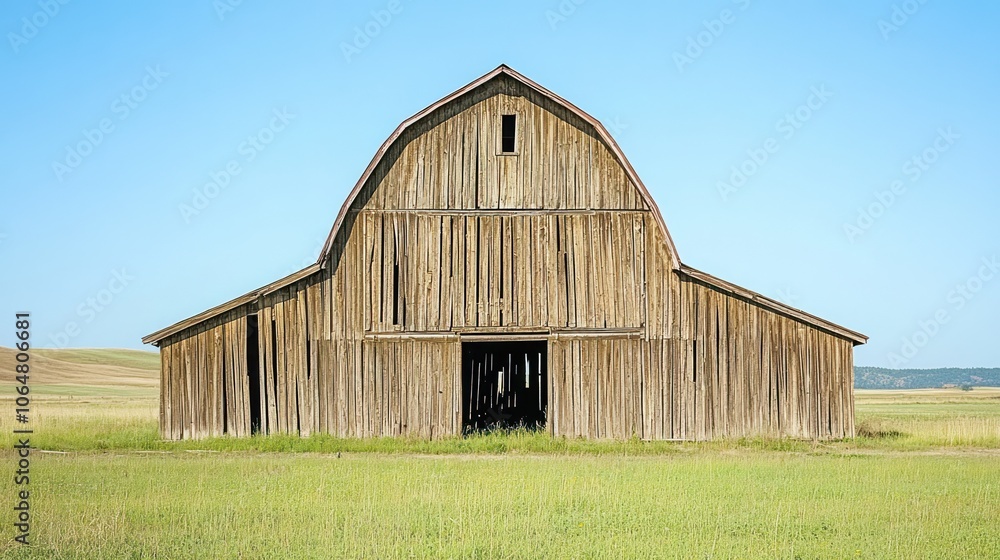 A rustic wooden barn stands in a grassy field under a clear blue sky. A rustic wooden barn stands in a grassy field under a clear blue sky.