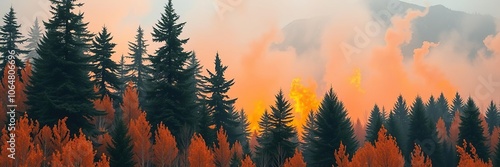 Towering conifers amidst a sea of orange and yellow flames, pyre, blaze