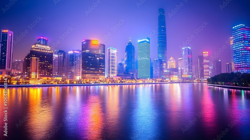 A vibrant city skyline at night, with skyscrapers illuminated by neon lights and reflections in a nearby river, creating a futuristic atmosphere A vibrant city skyline at night, with skyscrapers illuminated by neon lights and reflections in a nearby river, creating a futuristic atmosphere