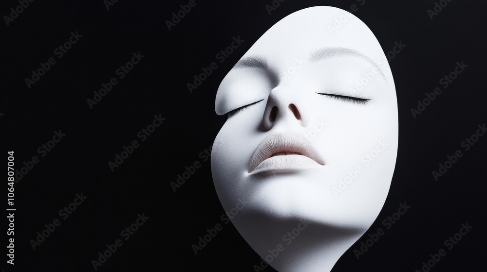 Surreal white mask with closed eyes against a dark background, AI Surreal white mask with closed eyes against a dark background, AI