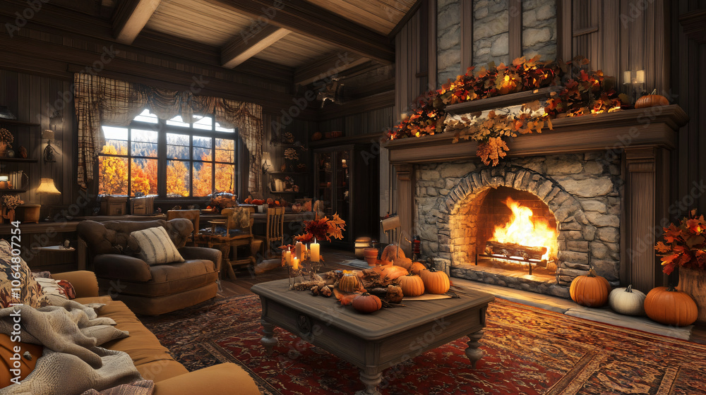 A cozy guesthouse with a large fireplace and Thanksgiving-themed decorations throughout. A cozy guesthouse with a large fireplace and Thanksgiving-themed decorations throughout.