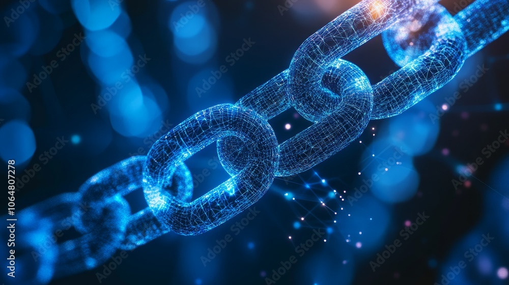 A glowing blue chain made of digital particles. A glowing blue chain made of digital particles.