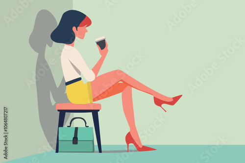 relax advertisement concept. single calm confident woman sitting alone, drinking coffee. trendy lifestyle. pastel colours background  