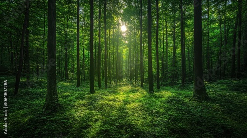 Sunlight Filtering Through Lush Green Forest Trees Creating a Serene and Peaceful Natural Atmosphere