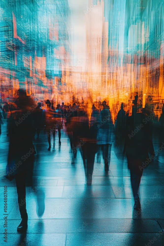 Abstract Urban Scene with Blurred Silhouettes of People Walking in Vibrant City Lights at Dusk
