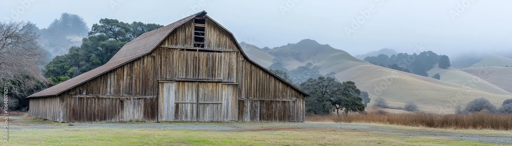 A rustic barn set against rolling hills in a misty landscape. A rustic barn set against rolling hills in a misty landscape.