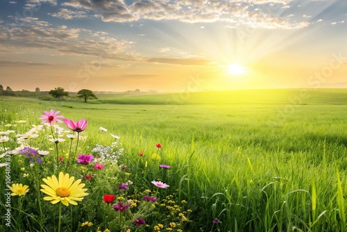 A lush green grass field with a bright yellow sun shining down on it, surrounded by colorful flowers and vibrant wildflowers, spring, fresh, nature, grass