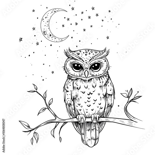 A wise owl perched on a branch with a moon and tiny stars above, black and white, bold outline, isolated on white background.  photo