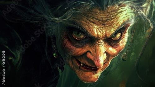 A close-up of a wicked old witch s face, with her tangled photo