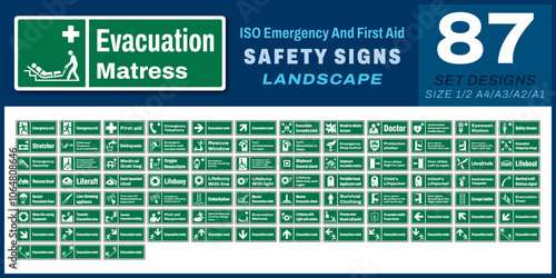 87 set iso emergency and first aid safety signs v66_evacuation matress_landscape size 1/2 a4,a3,a2,a1
