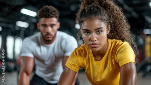 A male and female athlete are engaged in a rigorous training session in a well-equipped gym, demonstrating determination and commitment to their fitness goals