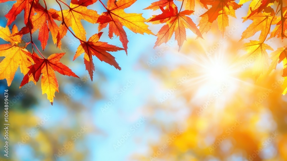 Autumn background with maple leaves and bokeh,Fall blurred background, Yellow and red maple leaves are flying and falling down. Autumnal landscape.water drop on leaf,space for text. Autumn background with maple leaves and bokeh,Fall blurred background, Yellow and red maple leaves are flying and falling down. Autumnal landscape.water drop on leaf,space for text.