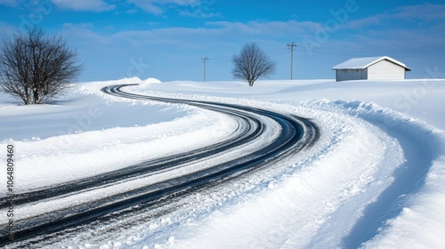 A winding road covered in snow leads through a serene winter landscape. A small house and leafless trees are visible against the bright blue sky, creating a peaceful rural scene