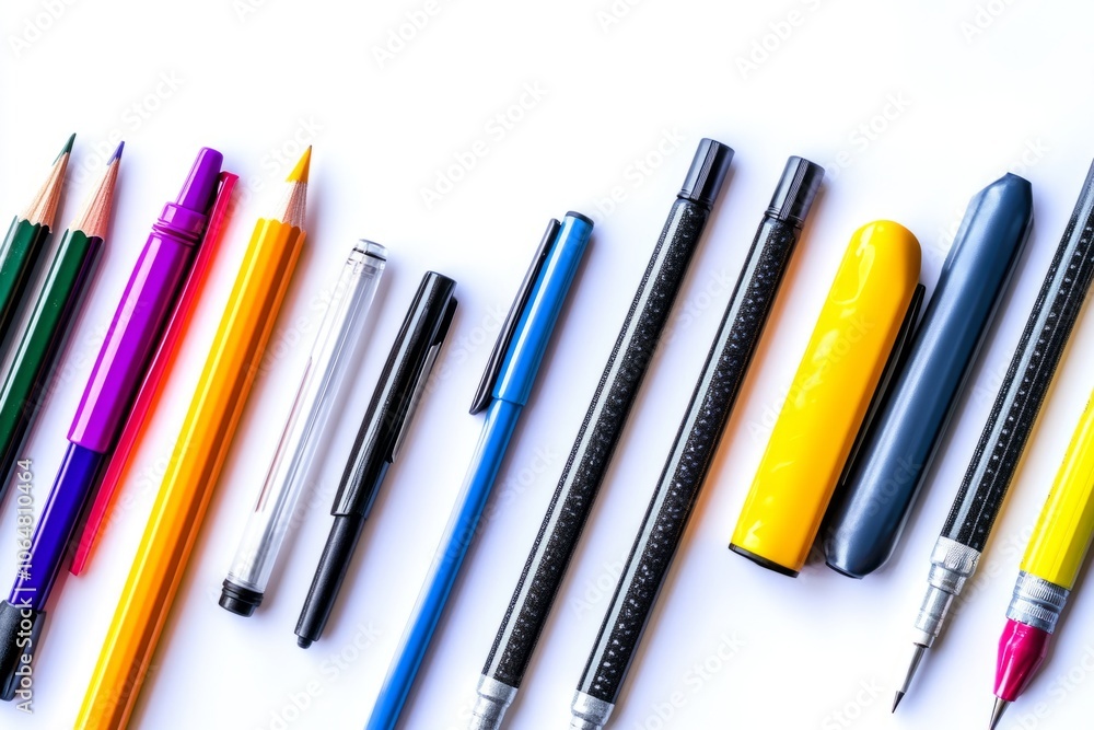 Fototapeta premium A colorful collection of pens and pencils neatly arranged on a white background. Perfect for office supplies or creative projects. Generative AI
