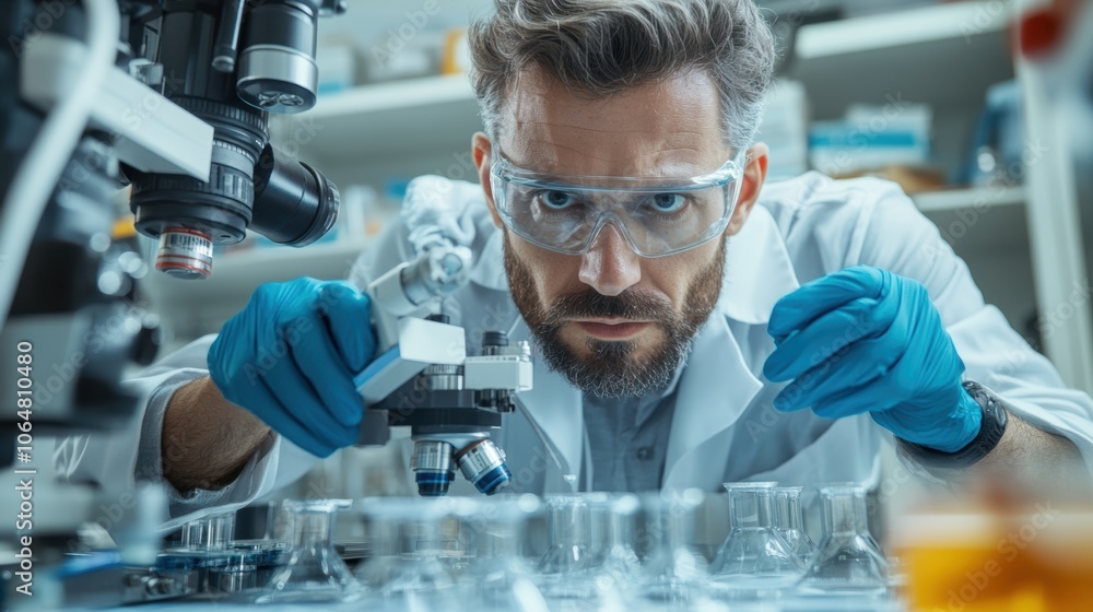 A focused scientist wears protective goggles and gloves, carefully inspecting samples under a microscope in a well-equipped laboratory. The workspace is organized with various glassware A focused scientist wears protective goggles and gloves, carefully inspecting samples under a microscope in a well-equipped laboratory. The workspace is organized with various glassware