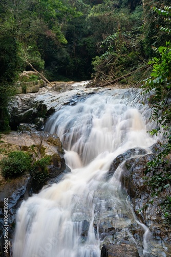 Serene Robinson Falls cascading through lush green foliage in Cameron highland, Malaysia