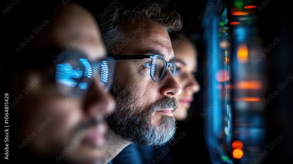 Three individuals concentrate intently on illuminated screens in a low-light environment, showcasing their engagement during a technology-focused event or presentation Three individuals concentrate intently on illuminated screens in a low-light environment, showcasing their engagement during a technology-focused event or presentation