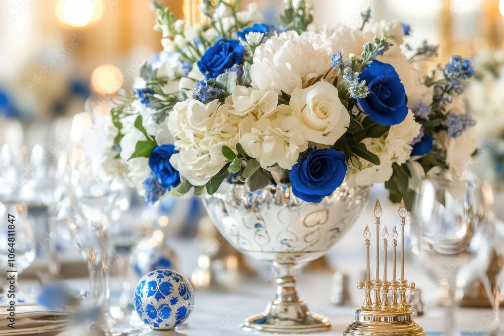 Hanukkah-Themed Table Centerpiece: A close-up of a Hanukkah-themed centerpiece featuring a vase filled with white and blue flowers, dreidels, and a small menorah. The table is elegantly decorated for Hanukkah-Themed Table Centerpiece: A close-up of a Hanukkah-themed centerpiece featuring a vase filled with white and blue flowers, dreidels, and a small menorah. The table is elegantly decorated for