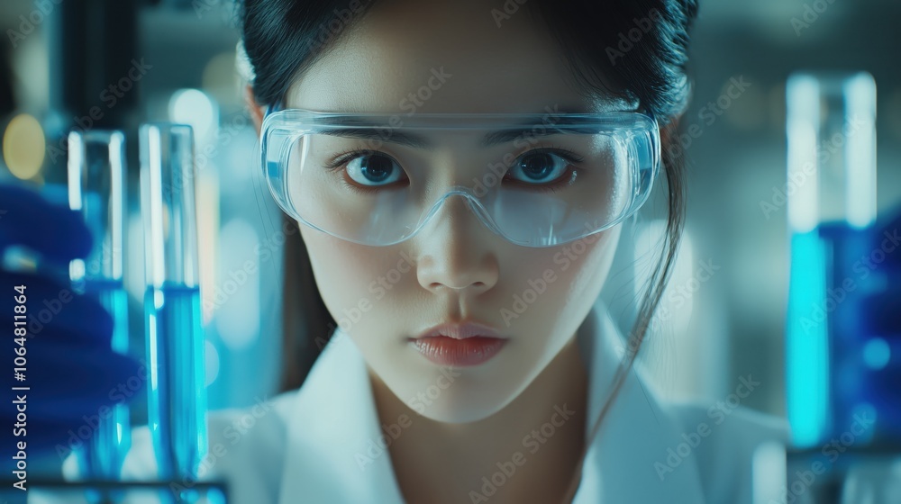 Female Researcher Examining Test Tubes in Lab. Focused female researcher in protective goggles examines test tubes filled with blue liquid, conducting a laboratory experiment on medical science. Female Researcher Examining Test Tubes in Lab. Focused female researcher in protective goggles examines test tubes filled with blue liquid, conducting a laboratory experiment on medical science.