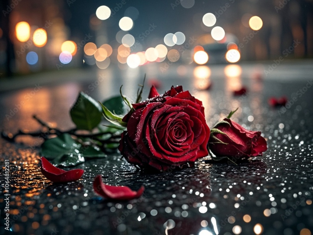 closeup of discarded red roses on wet asphalt road with colorful unfocused lights on a background, night view