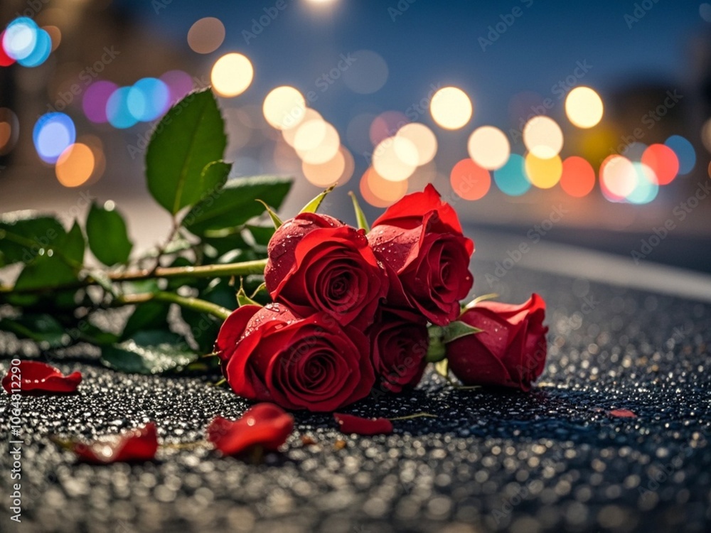 closeup of discarded red roses on wet asphalt road with colorful unfocused lights on a background, night view