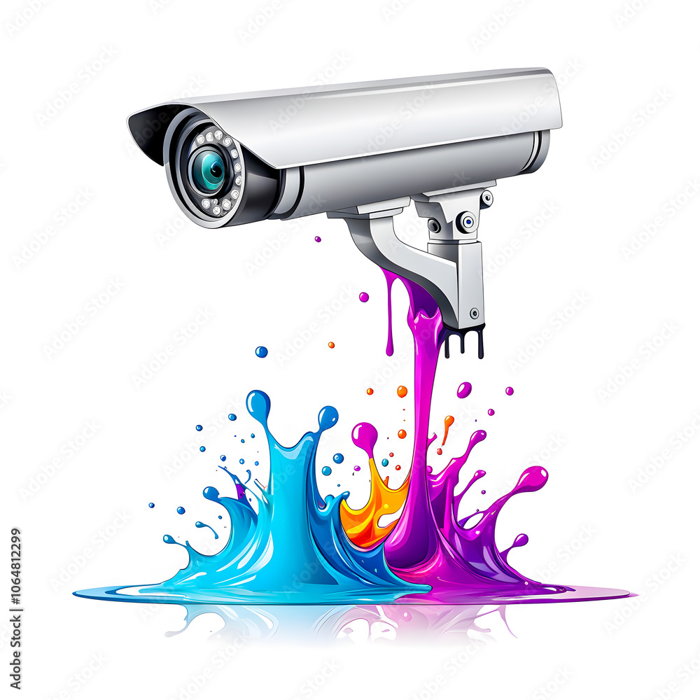 illustration of camera cctv and colorful liquid splashing on white background. illustration of camera cctv and colorful liquid splashing on white background.