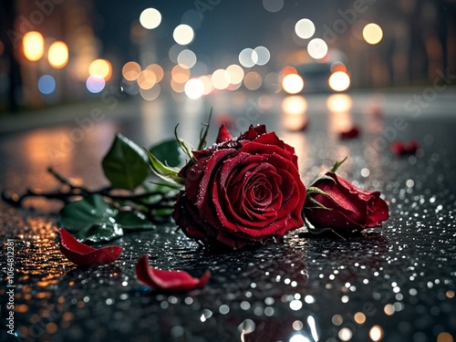 Obraz na płótnie closeup of discarded red roses on wet asphalt road with colorful unfocused lights on a background, night view w salonie