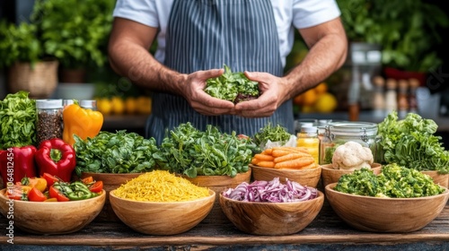 A chef prepares for a culinary creation by expertly showcasing an array of fresh vegetables and greens at an outdoor market. The colorful assortment highlights a commitment to healthy cooking photo