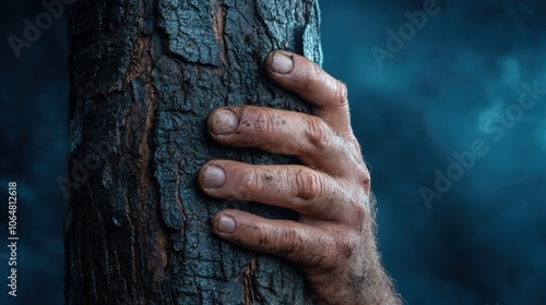 A rugged hand clings to the rough bark of a tree, showcasing the contrast between human resilience and nature's beauty in a dimly lit forest atmosphere photo