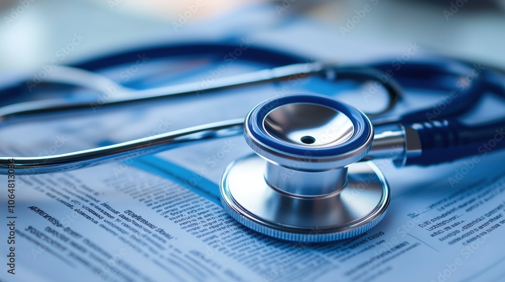 Stethoscope on Medical Report with Blue Background. Close-up of a stethoscope on a medical report, highlighting healthcare, diagnosis, and patient examination tools in a clinical setting. Stethoscope on Medical Report with Blue Background. Close-up of a stethoscope on a medical report, highlighting healthcare, diagnosis, and patient examination tools in a clinical setting.