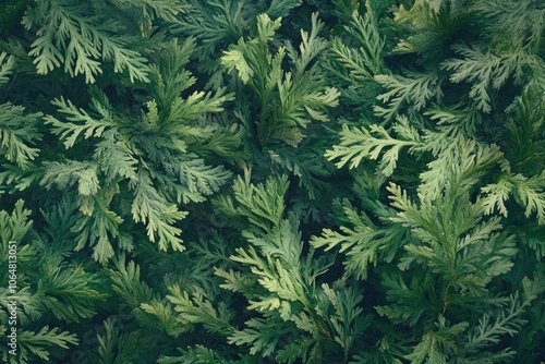 Closeup of Beautiful green christmas leaves of Thuja trees on green background. Thuja twig, Thuja occidentalis is an evergreen coniferous tree. Platycladus orientalis, with generative ai photo