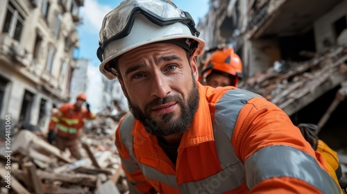 A rescue worker in an orange uniform assesses the situation among the rubble of a collapsed building. His colleagues are also working to locate survivors amidst the destruction