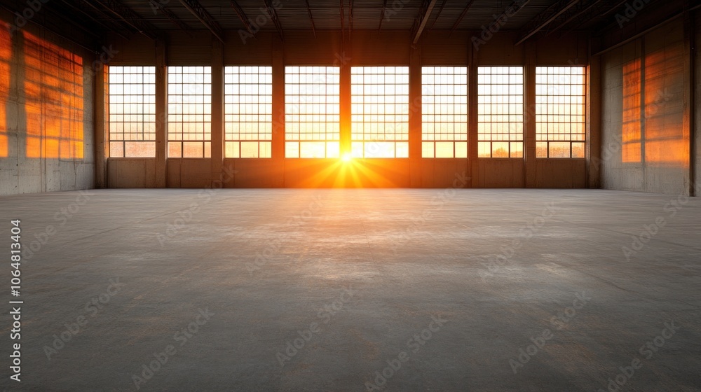 Sunlight streams through expansive windows of an empty industrial space, casting warm golden hues on the concrete floor as the day transitions to evening Sunlight streams through expansive windows of an empty industrial space, casting warm golden hues on the concrete floor as the day transitions to evening