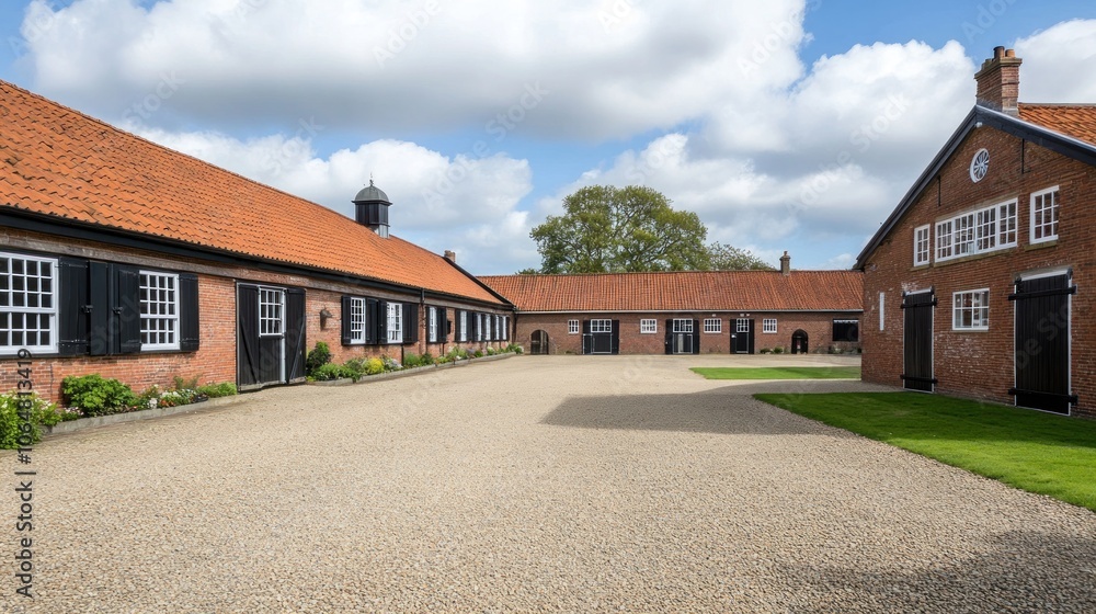 A serene courtyard with stable buildings and a gravel path under a cloudy sky. A serene courtyard with stable buildings and a gravel path under a cloudy sky.