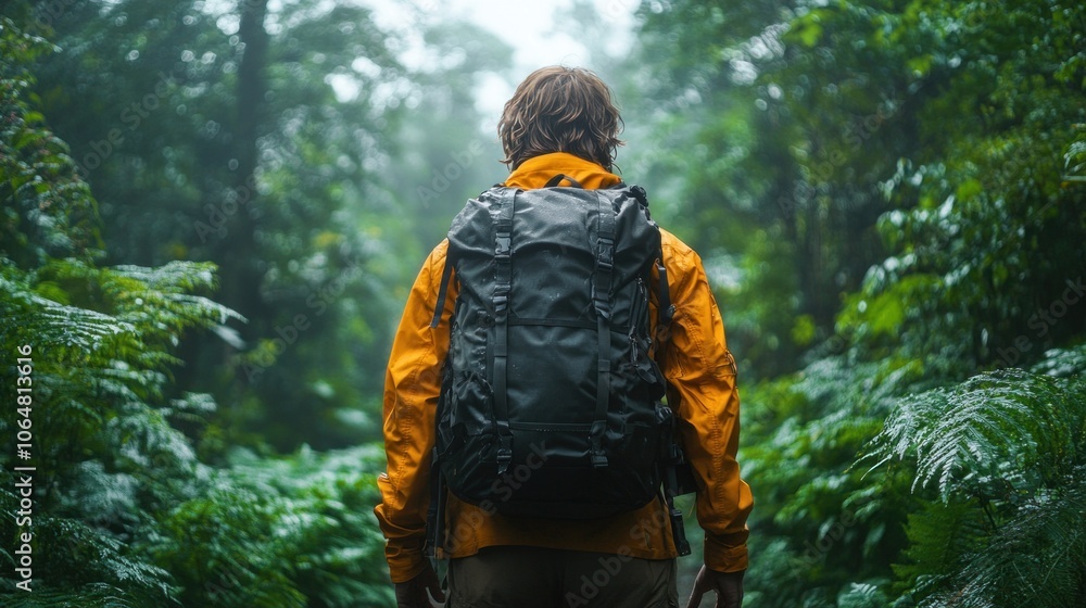 A person wearing a vibrant yellow jacket stands surrounded by dense foliage in a misty forest, clearly enjoying the tranquility of nature on a fresh morning adventure A person wearing a vibrant yellow jacket stands surrounded by dense foliage in a misty forest, clearly enjoying the tranquility of nature on a fresh morning adventure