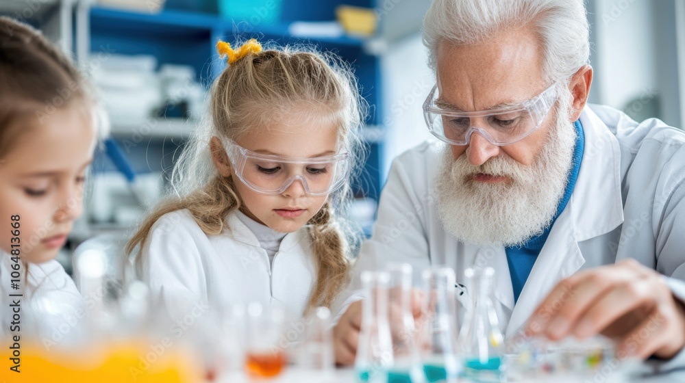 A group of children focuses intently as they engage in a science experiment guided by an elderly man. They wear safety goggles and explore colorful liquids in glassware A group of children focuses intently as they engage in a science experiment guided by an elderly man. They wear safety goggles and explore colorful liquids in glassware