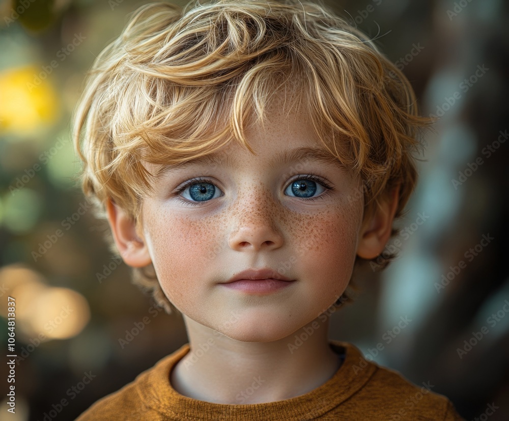 Curious Young Blond Boy Exploring Nature with Joy and Wonder Curious Young Blond Boy Exploring Nature with Joy and Wonder