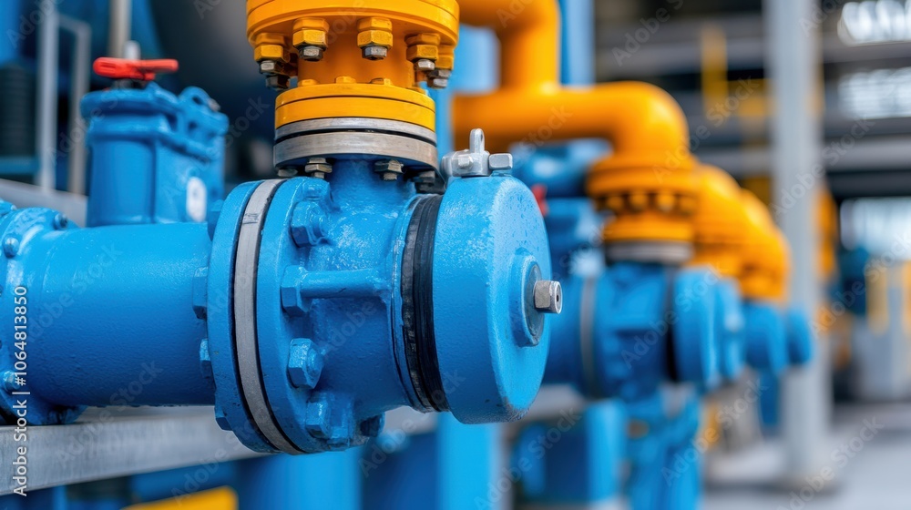 Bright blue pipes and valves are connected in a manufacturing facility, illustrating the intricacies of industrial plumbing. The system operates efficiently, highlighting engineering precision Bright blue pipes and valves are connected in a manufacturing facility, illustrating the intricacies of industrial plumbing. The system operates efficiently, highlighting engineering precision