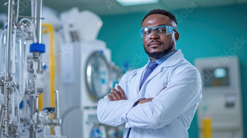 Wearing a lab coat and safety glasses, a scientist stands confidently with crossed arms, surrounded by advanced laboratory equipment, dedicated to innovative research