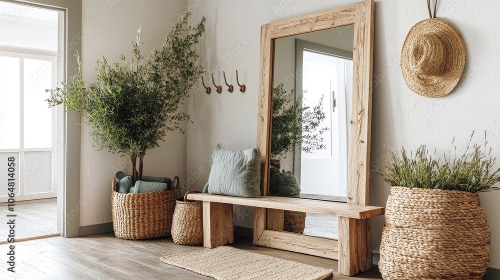 Fototapeta premium A calming entryway with a wooden bench
