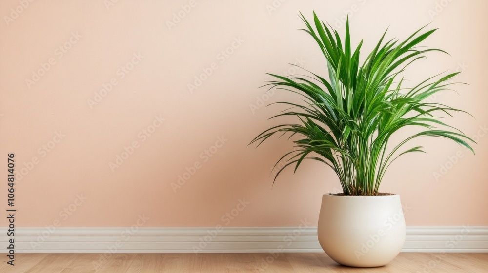 The vibrant green plant stands in a minimalist white pot, offering a refreshing touch to the room with its soft peach backdrop, enhancing the serene atmosphere and natural beauty The vibrant green plant stands in a minimalist white pot, offering a refreshing touch to the room with its soft peach backdrop, enhancing the serene atmosphere and natural beauty