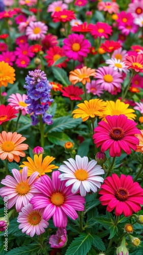 A vibrant field of colorful daisies blooms in a sunny garden