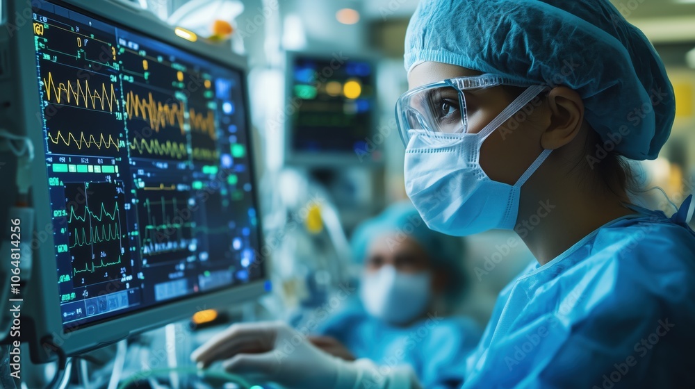 Nurse in ICU with Patient and Heart Monitor. Nurse in protective gear closely monitors a patient’s heart rate on a screen in the ICU, highlighting dedication to critical patient care. Nurse in ICU with Patient and Heart Monitor. Nurse in protective gear closely monitors a patient’s heart rate on a screen in the ICU, highlighting dedication to critical patient care.