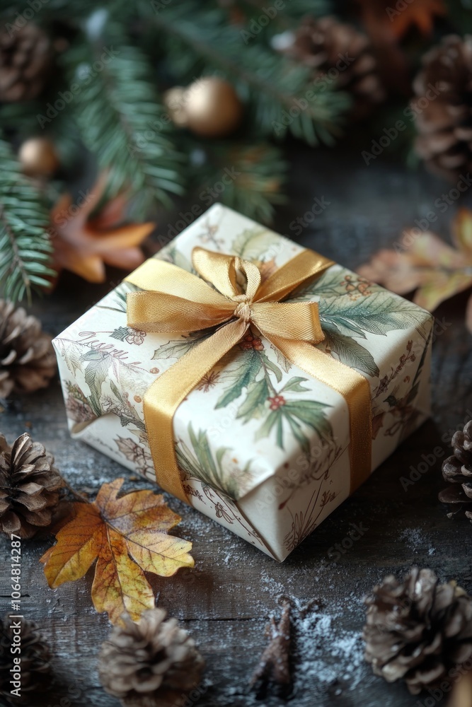 Decorated gift box featuring festive wrapping and a golden bow, placed among pine cones and colorful autumn leaves in preparation for New Year’s Eve Decorated gift box featuring festive wrapping and a golden bow, placed among pine cones and colorful autumn leaves in preparation for New Year’s Eve