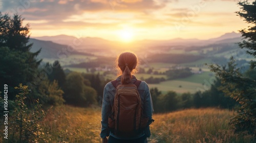 Adventurer Gazing at Stunning Sunset Landscape from Mountain Trail